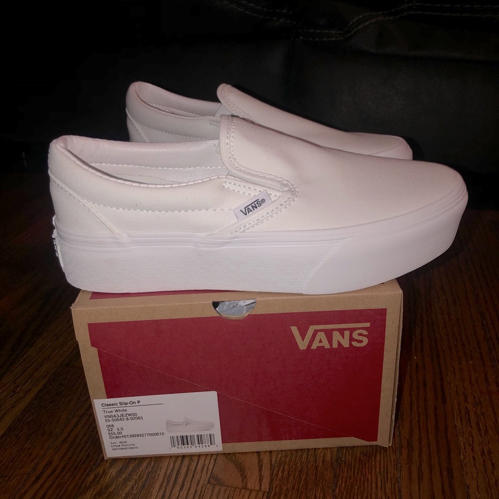All white canvas slip on platform vans